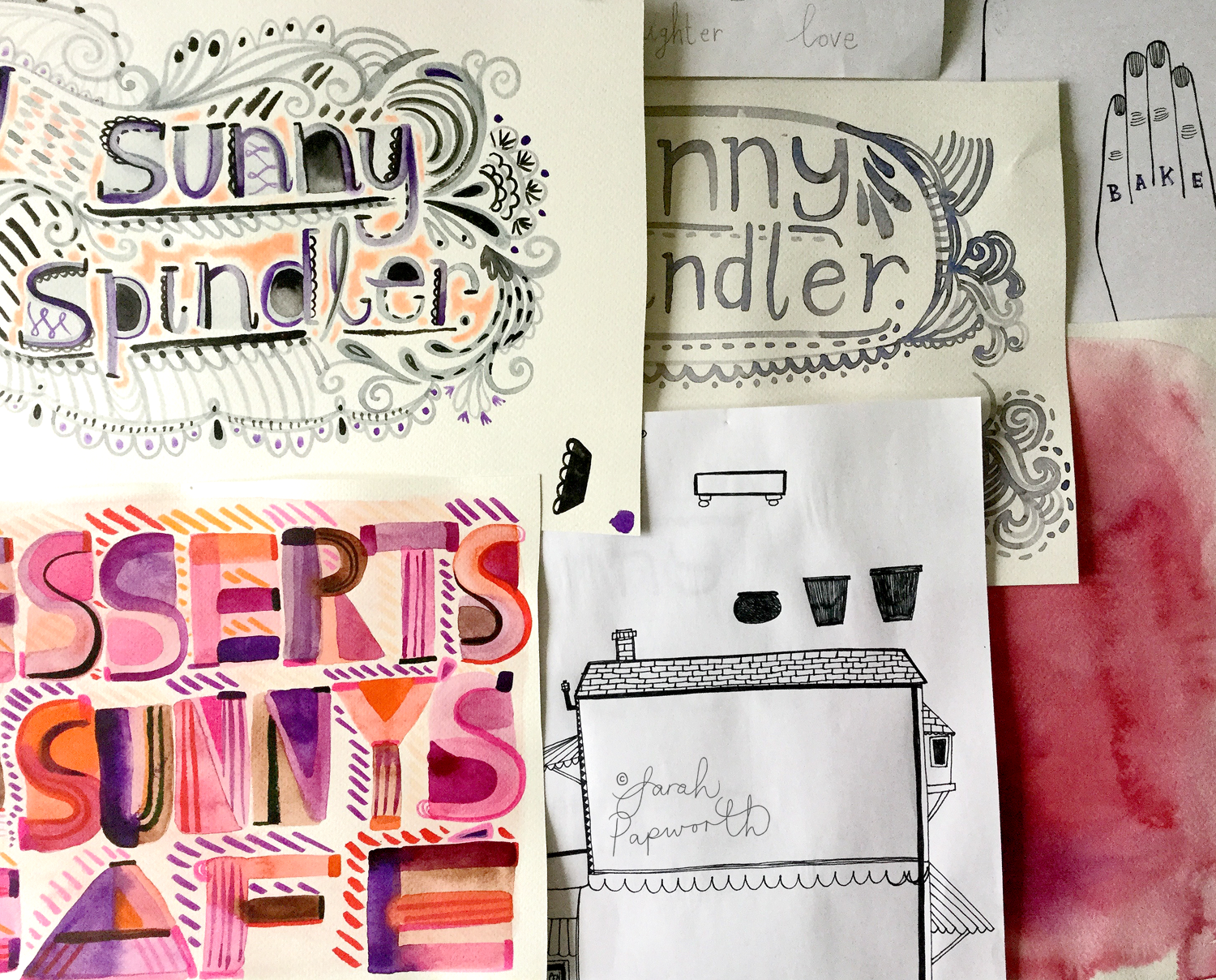 Trying out different lettering and the cafe outline.