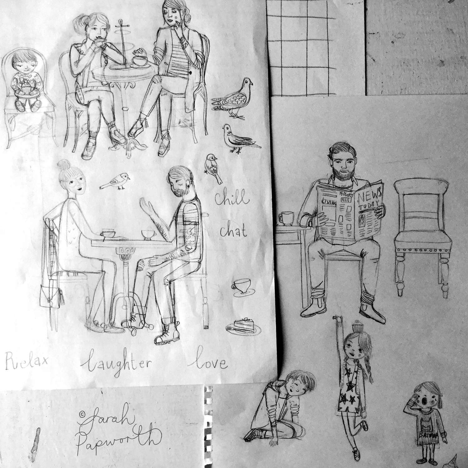 I sketched the people out in pencil on rough paper, then used my A4 light-box to trace over with biro.