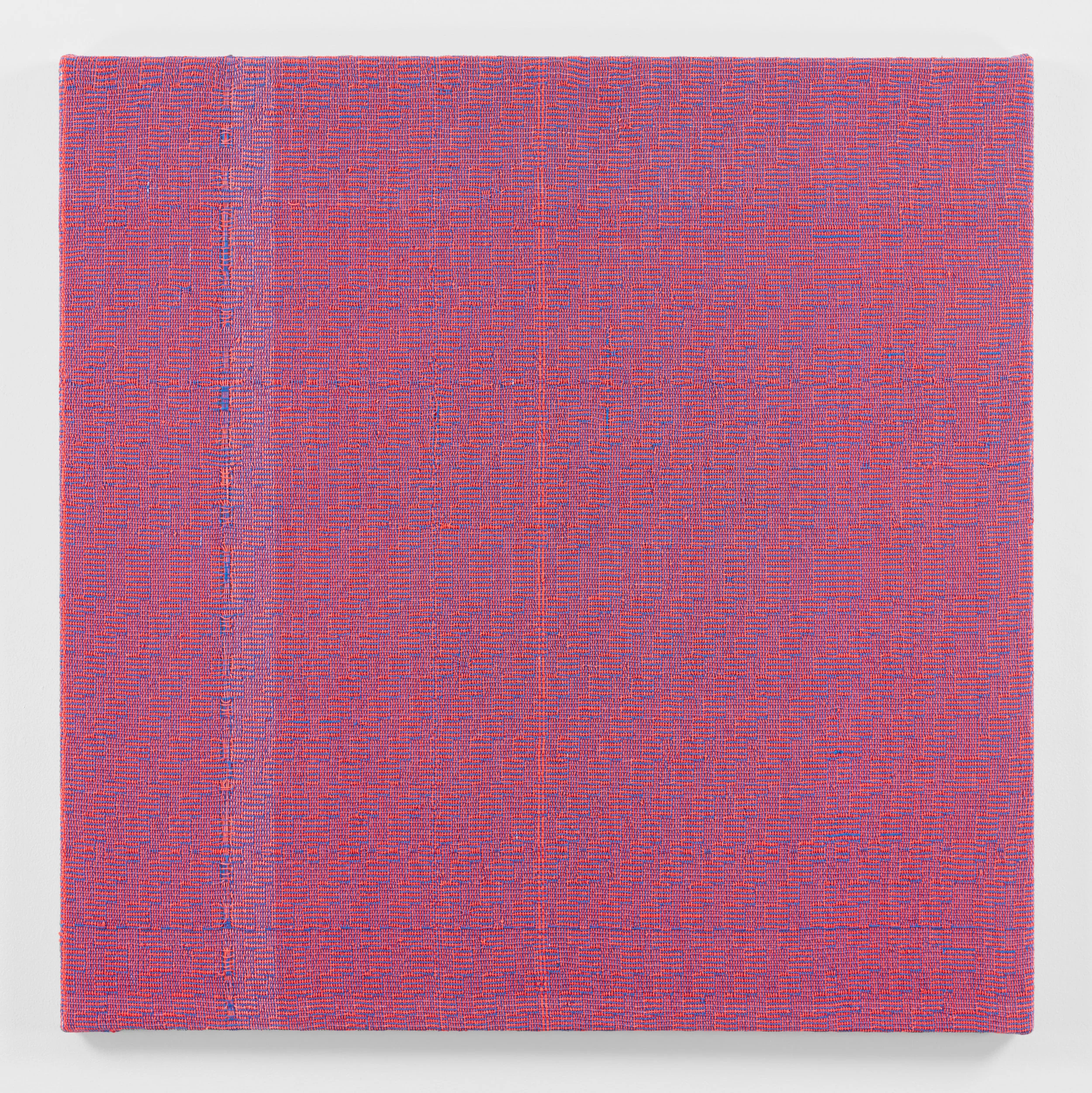 Shadow Weave Fluorescent Red + Smoky Blue (33) 8/4 Cotton 15 EPI, 2018 acrylic on 8/4 cotton yarn 48 1/4 x 48 1/4 in (122,6 x 122,6 cm)