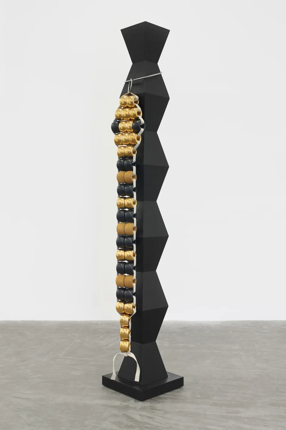 Endless (Mother and Child), 2018 clay, wood, stainless steel, canvas webbing, paint, glaze, gold luster 100 x 16 x 18 in - 254 x 40,6 x 45,7 cm
