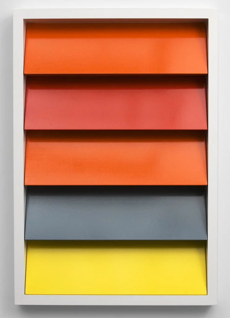 Shutter-Shutter Painting #1 (RAL 2004, 3020, 2004, 7000, 1018) , 2009 aluminum powder coated, lacquer on aluminum, stainless steel screws 145 x 100 x 10 cm - 57 x 39 3/8 x 4 inches
