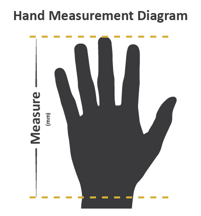 Measure from the top of the middle finger to the base of the hand (mm).