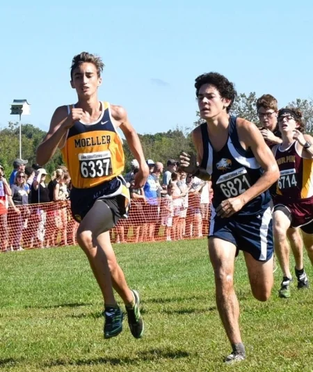 Sophomore Cannon Spelman leading the way for the Crusaders Photo by MoeCrossCountry Twitter