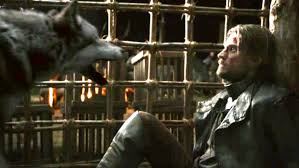 Robb uses Greywind to intimidate Jaime Lannister while on march during the War of the Five Kings