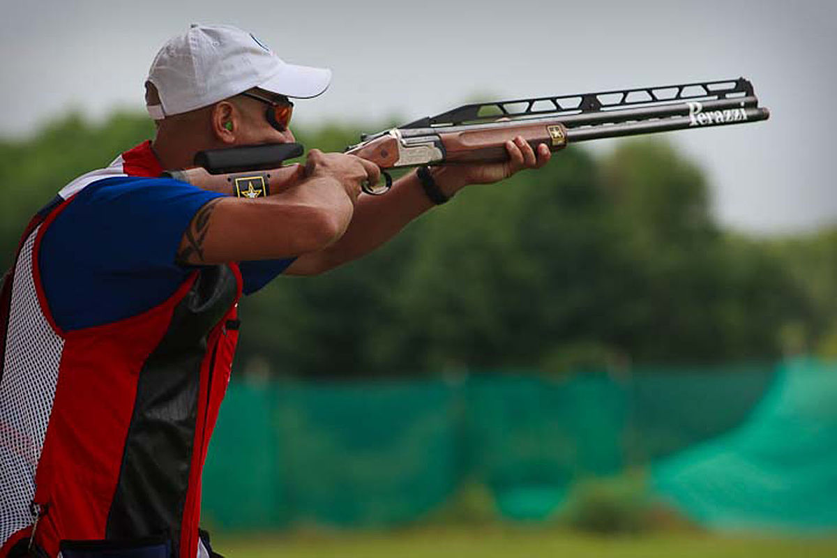 U.S. Army Marksmanship Unit Soldier Spc. Jeff Holguin competes in the final round of the Men's Double Trap event at the 2009 International Sport Shooting Federation