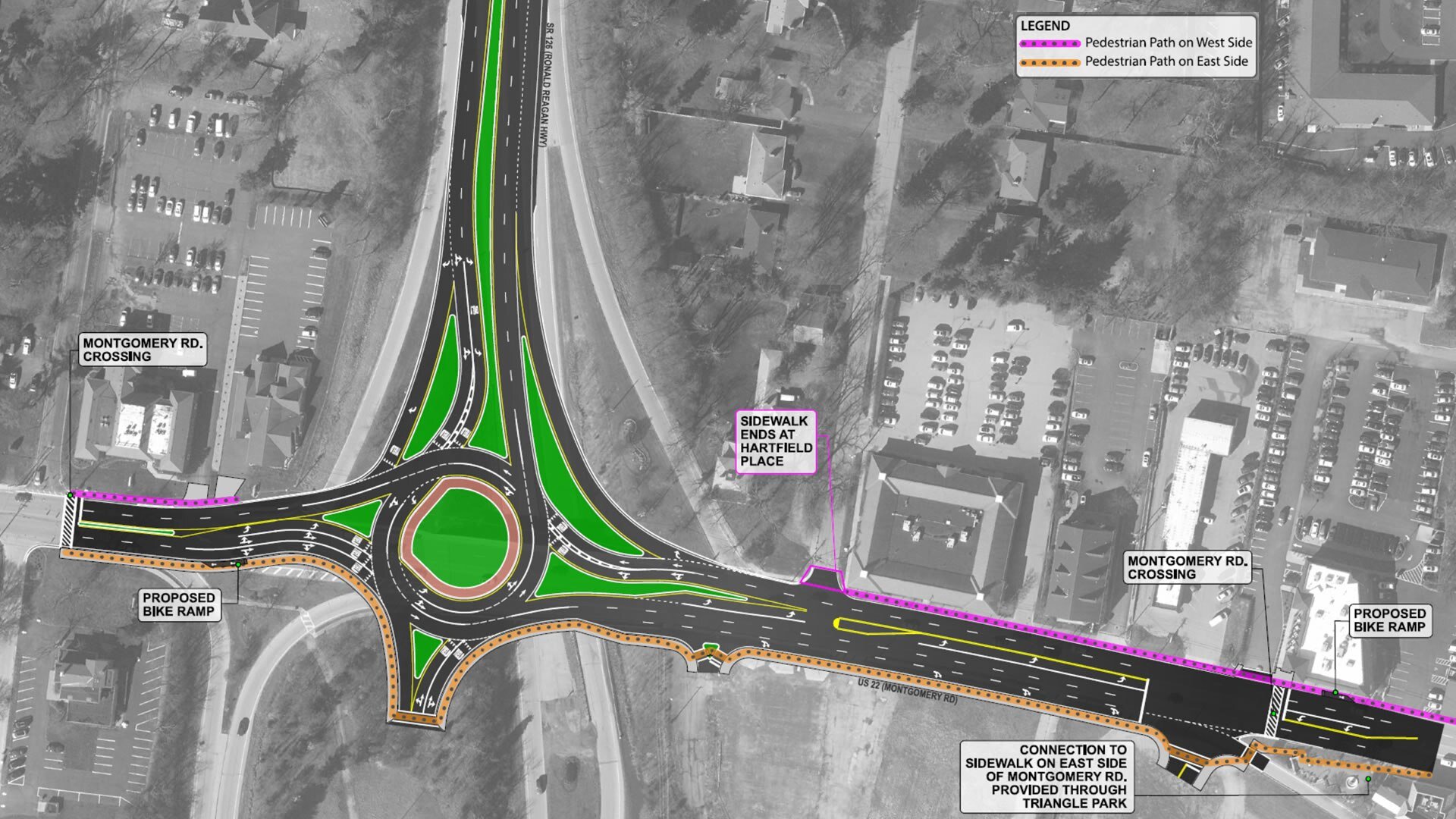 The proposed construction of the roundabout. In orange, you can see the sidewalk. Students would need to walk around the roundabout and then cross Montgomery a second time (the purple sidewalk does no cut across Cross County)
