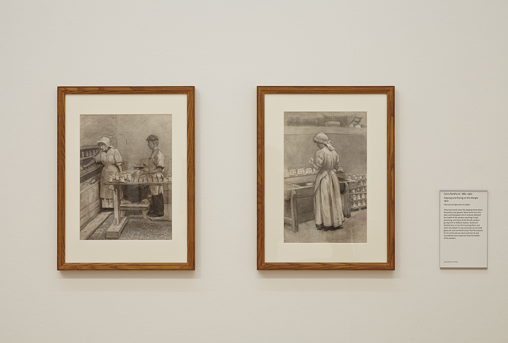 Examples from Sylvia Pankhurst's 'Women Workers of England' - Dipping and Drying on the Mangle, charcoal and gouache on paper, 1907