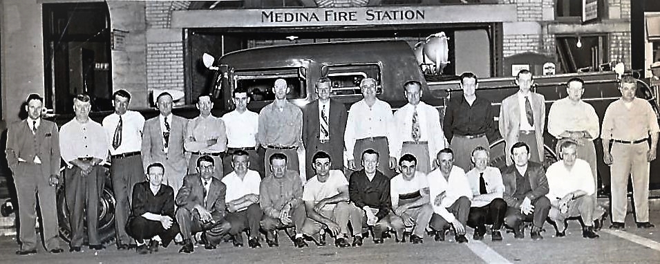 Volunteer Fire Department; Front Row, Frank Feckley, Pete Hanshue, Marion Wagner, Frank Harmon, Jim Gorfido, Ralph Schlechty, Angie Gorfido, Cloyd Arbogast, Melvin Shirey, Lloyd Hanshue, Howard Lahr -Standing, Dudley Bagley, Jay Mantz, Robert Standen, Louis Westland, Harold Roshon, Richard Meyers, Thurston Berry, Fred Hazen, Calvin Papp, Otis Cronk, Jack Post, Horace Williams, Dwight Ribelin , Chief E.C. Hammerschmidt