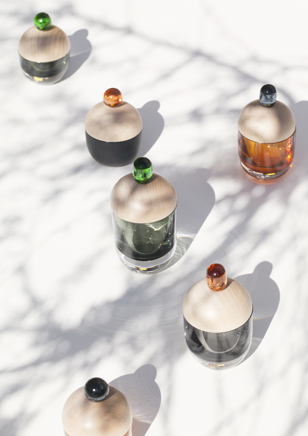 Lyyli box series, 2015 Small containers for goods. Finnish birch and handmade glass from Finland. For Katriina Nuutinen Studio. Buy here.