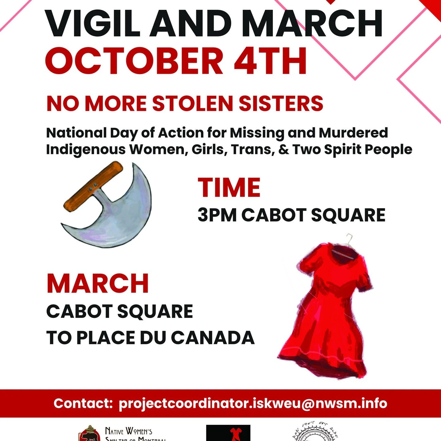 Please join the Native Women's Shelter of Montreal, the @iskweu Project, and the @sqia_montreal on October 4th for a Vigil and March on the National Day of Action for MMIWG2S. 3pm, Cabot Square. 

Veuillez vous joindre au Foyer pour Femmes Autochtone