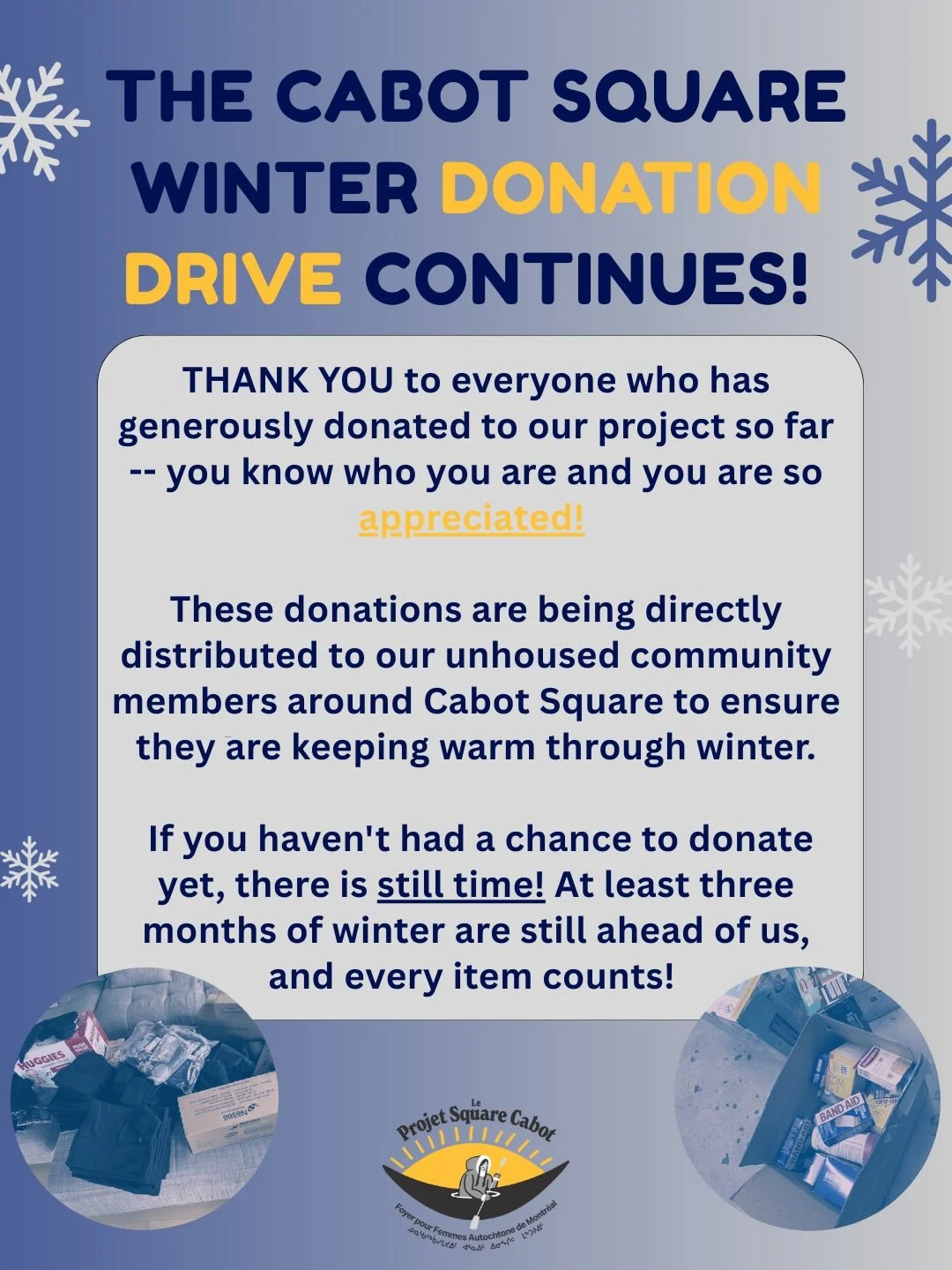 We still have three months of winter, which means you can still donate to our Winter Donation Drive for Cabot Square! See our pinned post for the different ways you can donate 🧡💙 A huge Thank You to everyone who has donated so far, your contributio