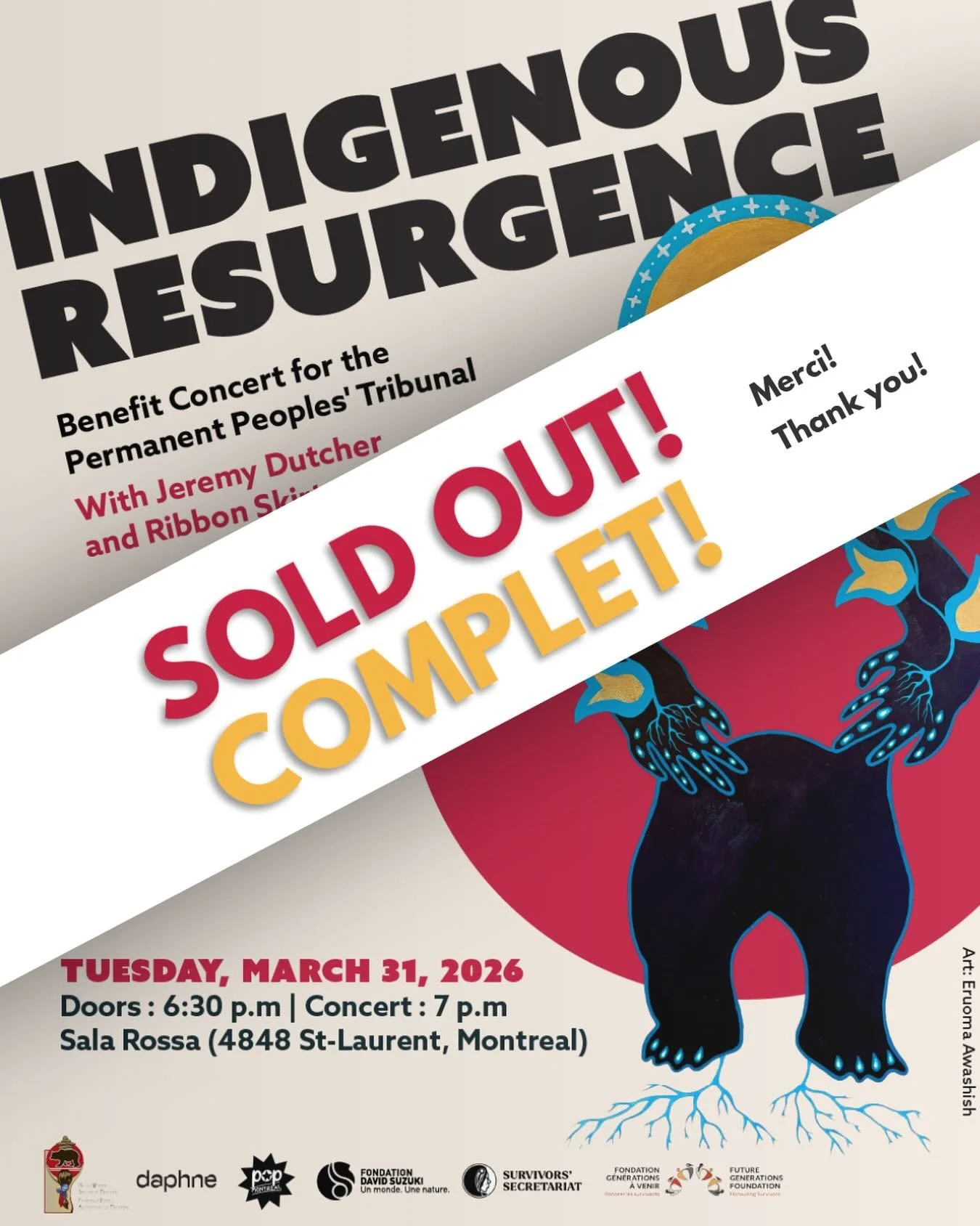 Our benefit concert next week with Jeremy Dutcher and Ribbon Skirt is now completely sold out! 🎉 Thank you everyone for purchasing a ticket, and we are looking forward to seeing you all next week! 🧡

Notre concert-b&eacute;n&eacute;fice de mardi pr