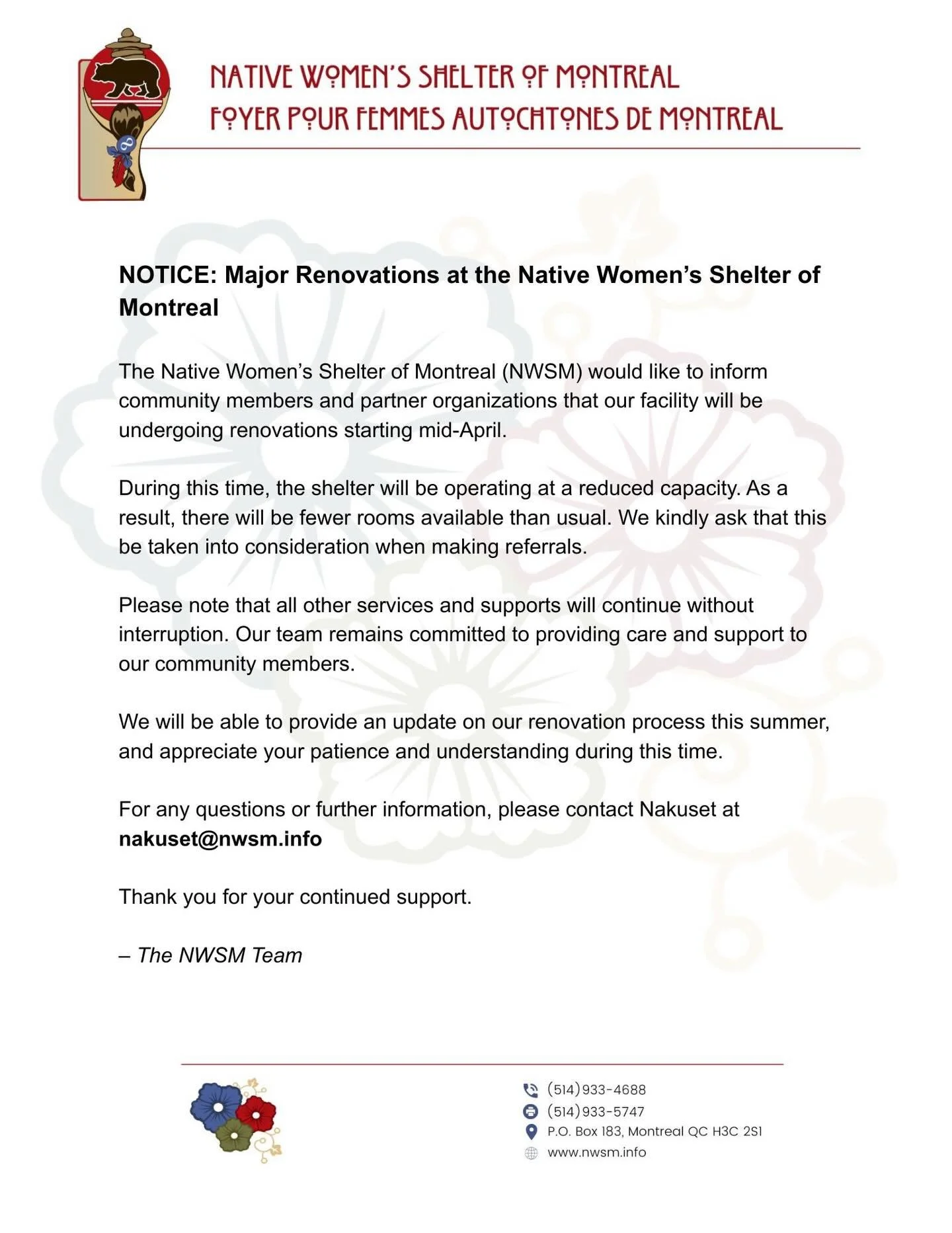 A message for our community members and partner organizations 📬

Un message pour les membres de notre communaut&eacute; et nos organisations partenaires 📬