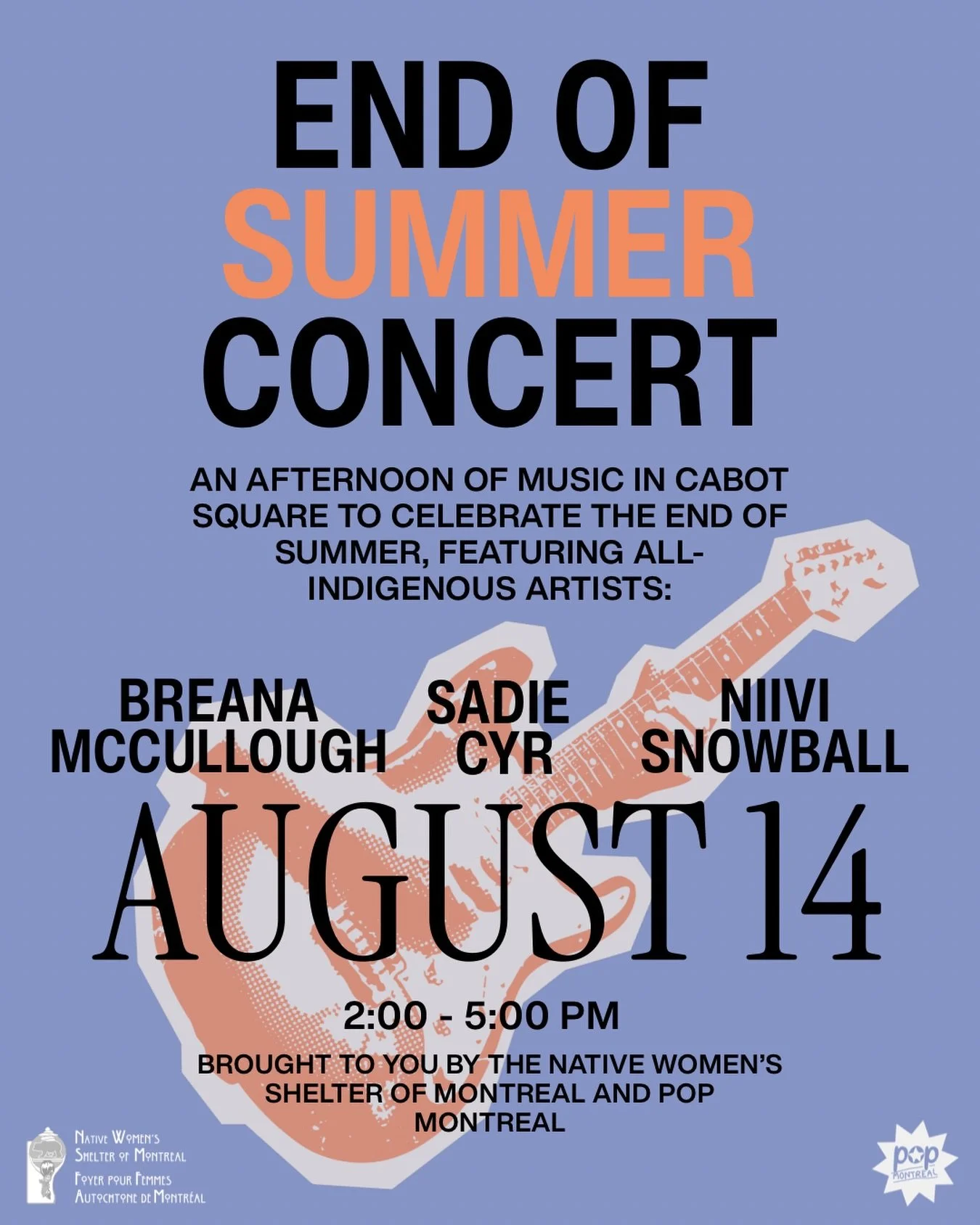 Join us this Friday, August 14, to celebrate the end of summer with a concert! Featuring all-Indigenous musicians Breanna McCullough, Sadie Cyr, and Niivi Snowball 🎶✨

Free for everyone to attend! The music will start at 2:00 and end at 5:00. Brough