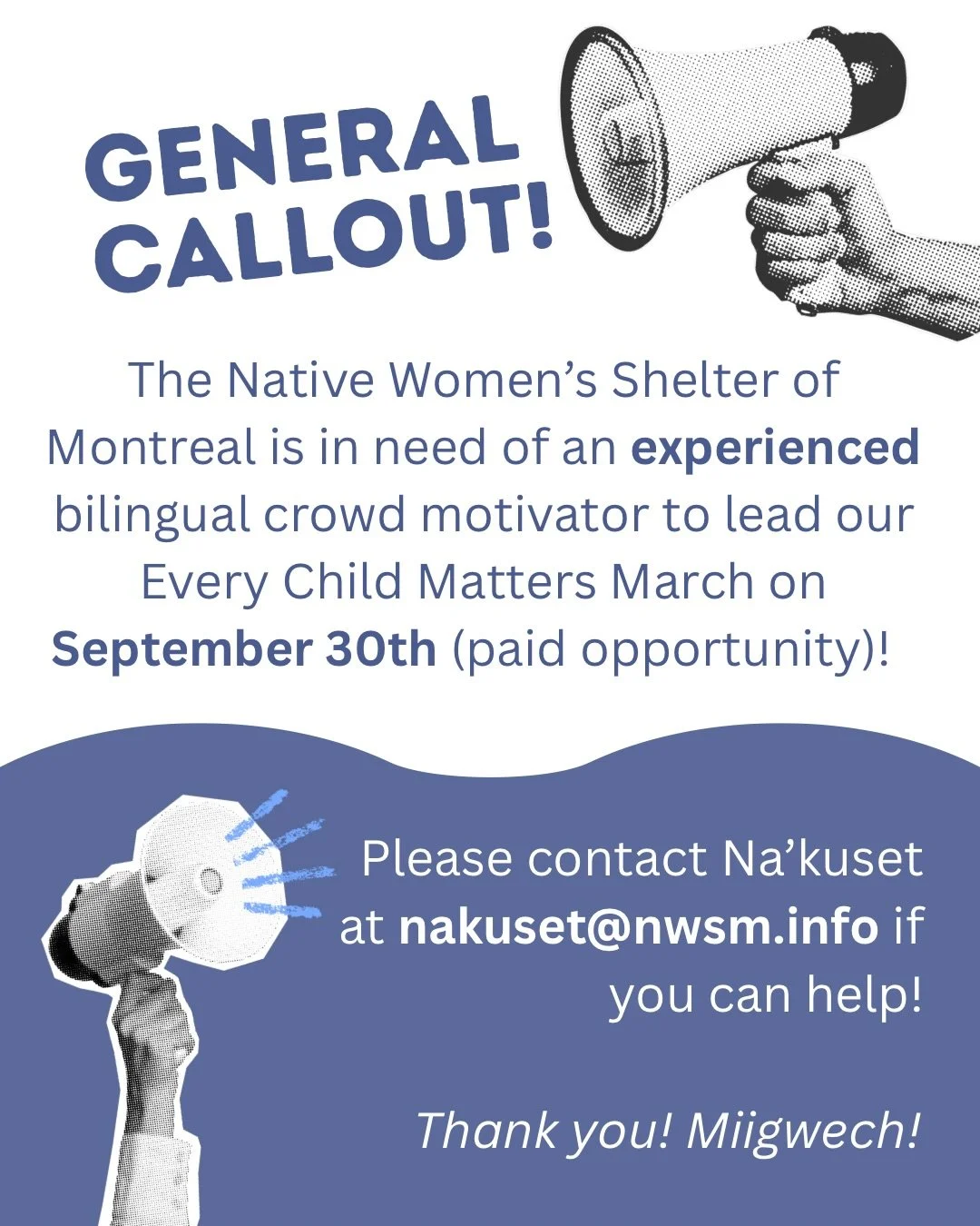 We are looking for an experienced crowd motivator to lead our Every Child Matters March on September 30! Could it be you? 📣 Nous sommes &agrave; la recherche d&rsquo;une personne exp&eacute;riment&eacute;e pour animer et mobiliser la foule &agrave; 