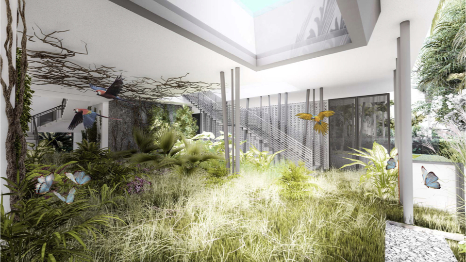 While this shows the home in 2100, when the ground floor is abandoned and returned back to its natural state as a habitat for flora and fauna as well as a bio-swale for flood events.