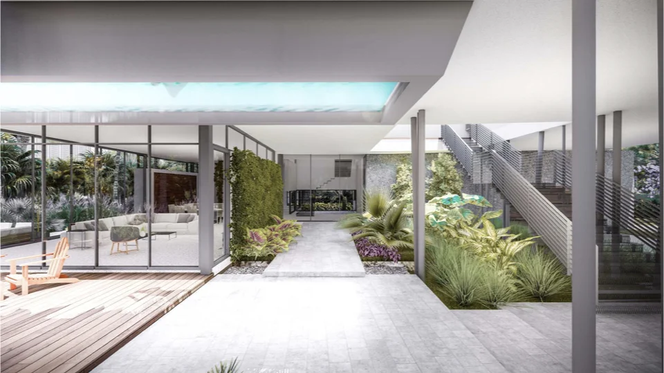 Another view from the ground floor garden. You can see the pool at the second level which contains a skylight to the garden below.