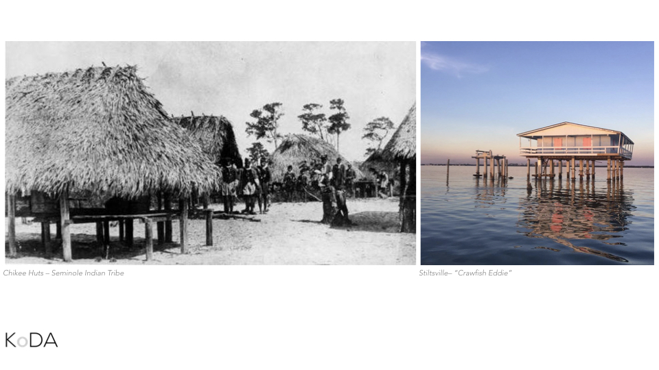 While this seems like a very abstract and perhaps even crazy idea, it’s important to remember that the identity of Miami is synonymous with amphibious architecture. On the left, you see a typical Chickee hut developed by native tribes in South Florida such as the Seminoles and the Tequestan Indians. On the right, you stiltsville which has become identifiable with the city through local and popular culture.