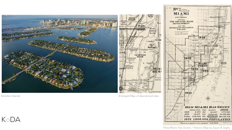 Another example of our imposition on the bay are the man-made islands such the venetian islands here on the left. On the far right, you see a historic map of Miami chronicling it’s development over time. In the middle is an enlarged portion of the map which shows a north south expansion of the islands through the middle of the bay. Of course, this was abandoned.