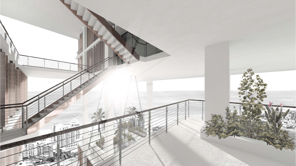 This is a view from one of the outdoor social spaces which could be used for vertical farming, vertical botanical gardens or recreational open space.