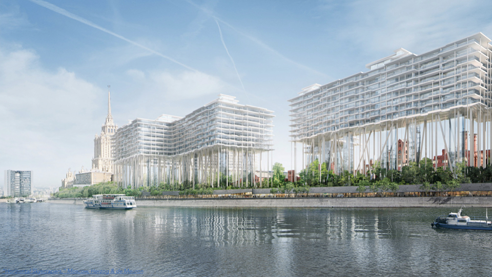 Herzog and DeMeuron’s “horizontal Skyscrapper” in Moscow elevates the building far above the ground plane, allowing the space below it to return to nature and preserving the historic character of the former city.