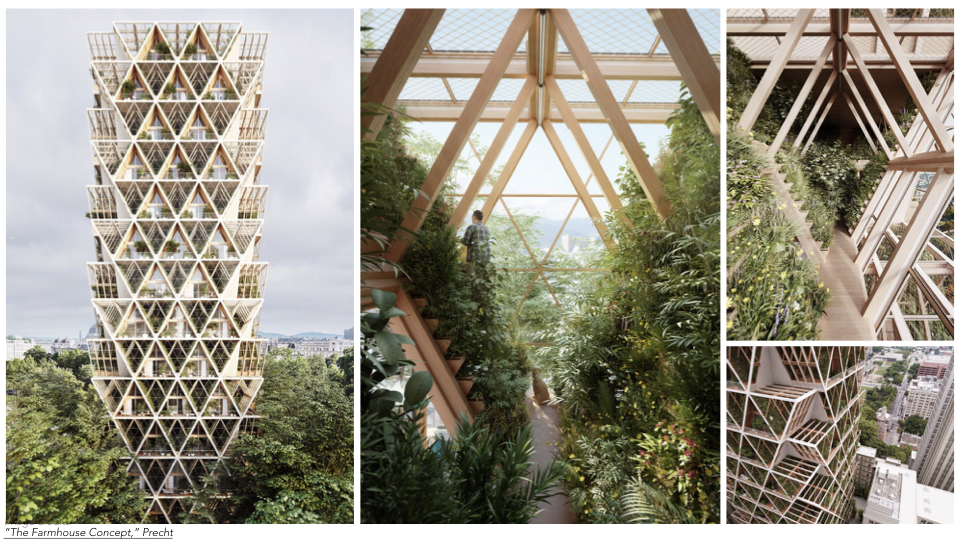 The “Farmhouse Concept” by Chris Precht uses a combination of CLT modules and vertical farming to turn a high-rise building into a complex network of residential units and vertical farms.