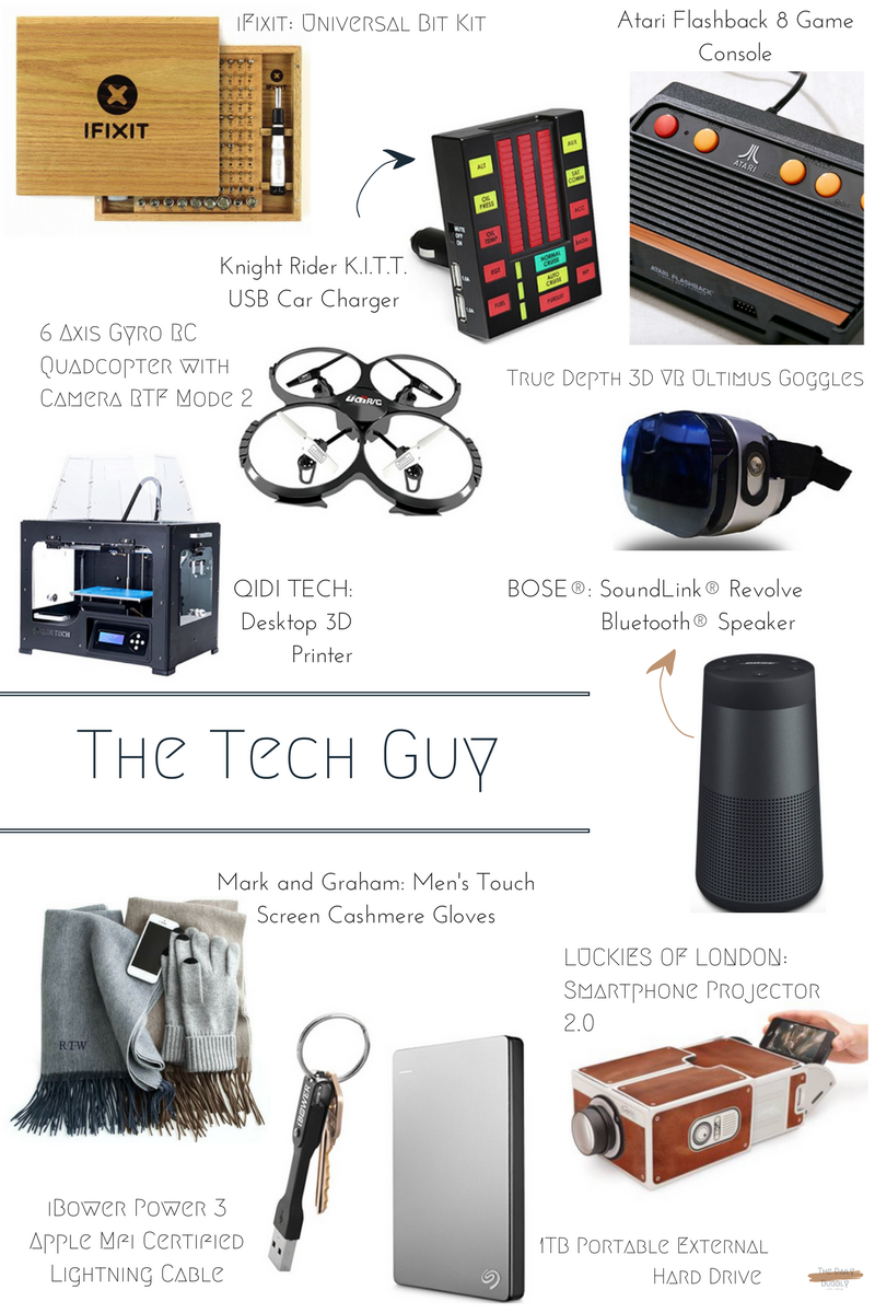 iFixit Universal Bit Kit $120 True Depth 3D VR Ultimus Goggles $13 Knight Rider K.I.T.T. USB Car Charger $97 6 Axis Gyro RC Quadcopter with Camera RTF Mode 2 $43 BOSE® SoundLink® Revolve Bluetooth® Speaker $199 QIDI TECH Desktop 3D Printer $629 Mark and Graham Men's Touch Screen Cashmere Gloves $49 LUCKIES OF LONDON Smartphone Projector 2.0 $32 Seagate Backup Plus Slim 1TB Portable External Hard Drive $65 iBower Power 3 Apple Mfi Certified Lightning Cable $54 Atari Flashback 8 Game Console $68