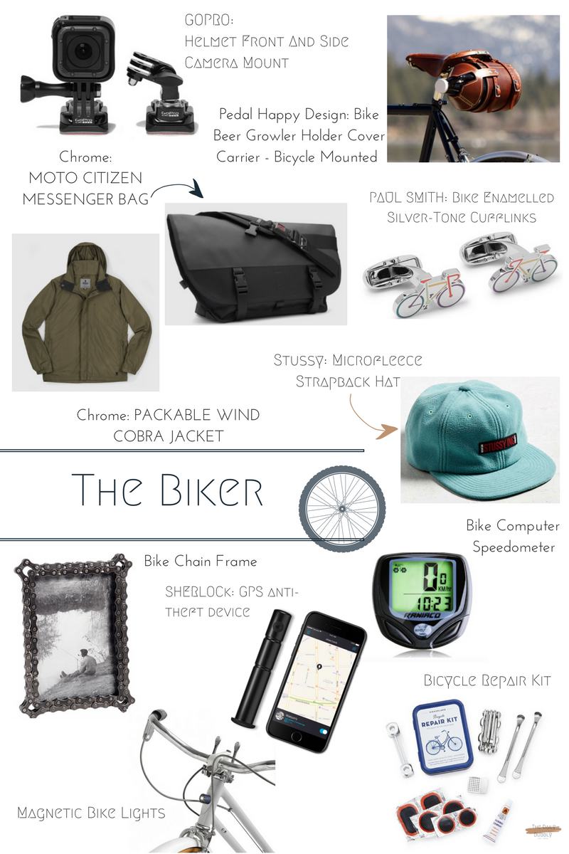 Chrome Packable Wind Cobra Jacket $75 Magnetic Bike Lights $36 Bicycle Repair Kit $18 Bike Chain Frame $38 Bike Beer Growler Holder Cover Carrier $86 Bike Computer Speedometer $15 Stussy Microfleece Strapback Hat $46 PAUL SMITH Bike Enamelled Silver-Tone Cufflinks $125 Chrome Moto Citizen Messenger Bag $150.00 GoPro Helmet Front And Side Camera Mount $30 SHERLOCK BOX GPS anti-theft device $160 