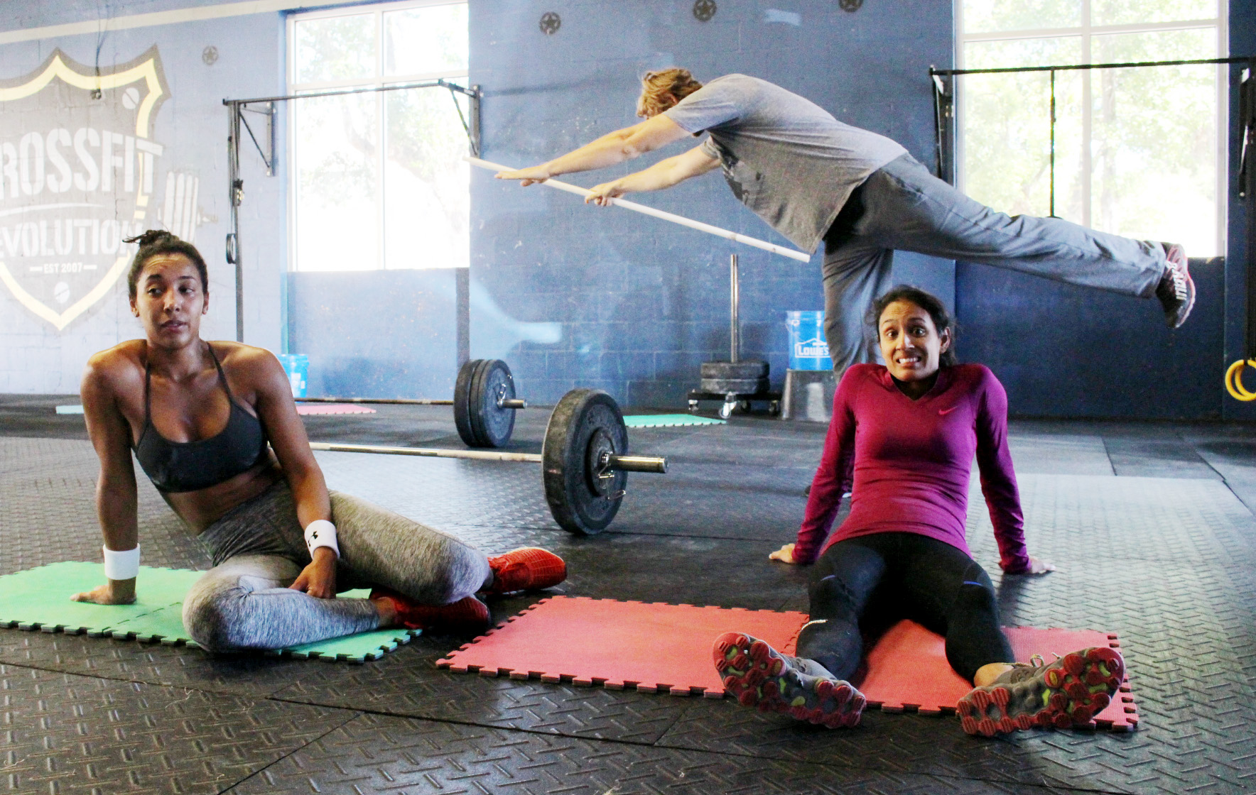 Rosa & Tejal post "Hero" workout, Andrei photobombin'