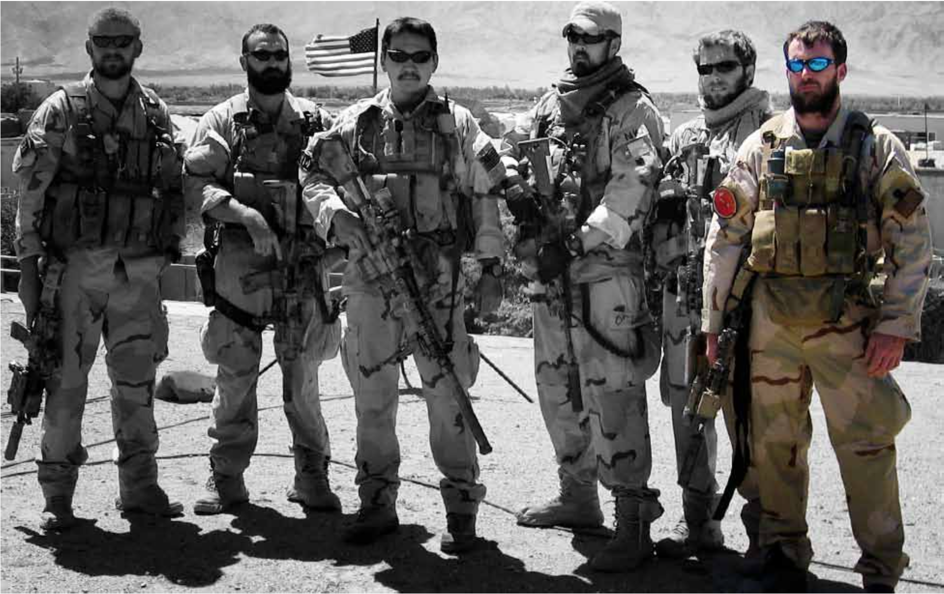 SEALs prior to Operation Red Wings (L to R): Matthew Axelson , Daniel R. Healy, James Suh, Marcus Luttrell , Eric S. Patton, Michael P. Murphy