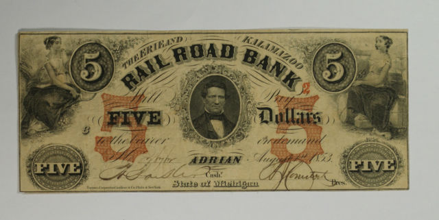 Erie and Kalamazoo Railroad Bank note featuring a portrait of the founder of the city of Adrian, Addison Joseph Comstock.