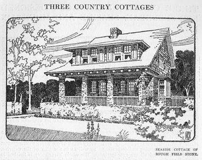 "Seaside Cottage of Rough Field Stone," illustration from "Three charming cottages designed for suburban, seaside and mountain life," Craftsman ( Gustav Stickley, ed.), Vol. XIV, Number 6 (September 1908) , pp. 657-662. 
