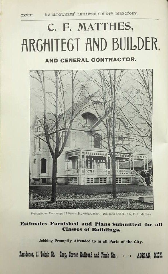 Full-page advertisement in the McEldowney’s Lenawee County Directory, 1896-1897.