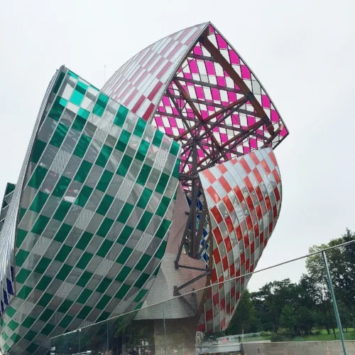 Daniel Buren designed "Observatory of Light" is like glass "shields" covering Frank Gehry's structure.