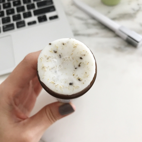 Up close with the belif True Tincture Cleansing Stick - you can see the herbs and chamomile in it.