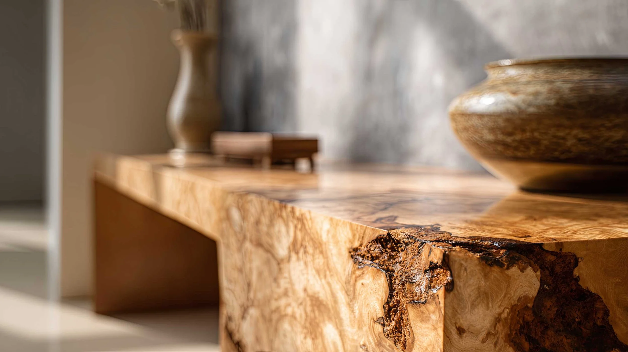 Close-up of a wooden table with a natural, irregular edge, showcasing the grain and a knot in the wood surface, with decorative vases and objects in the blurred background.