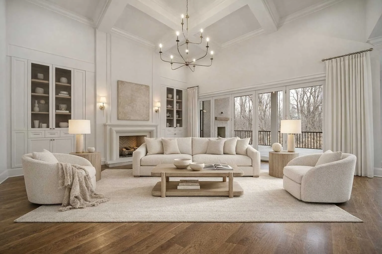 A living room with white walls, a large beige rug, a cream sofa, two cream armchairs, a wooden coffee table, and a fireplace. There are built-in cabinets on either side of the fireplace, a chandelier hanging from the ceiling, and large windows with white curtains showing trees outside.