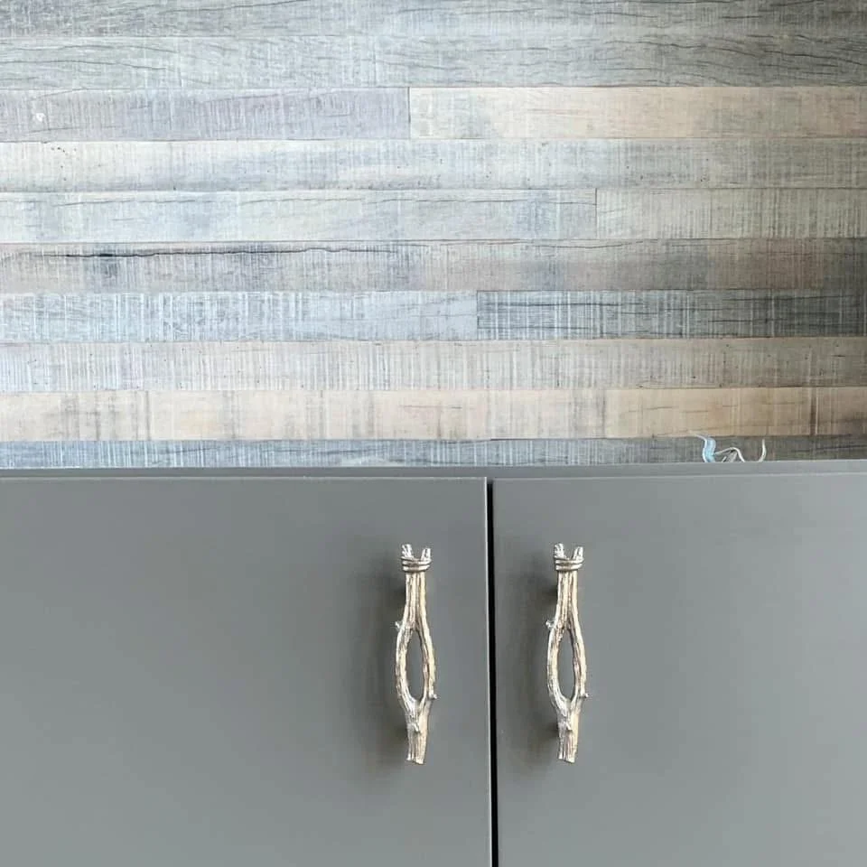 Close-up of a cabinet with two doors and metal handles, with a wooden wall in the background.
