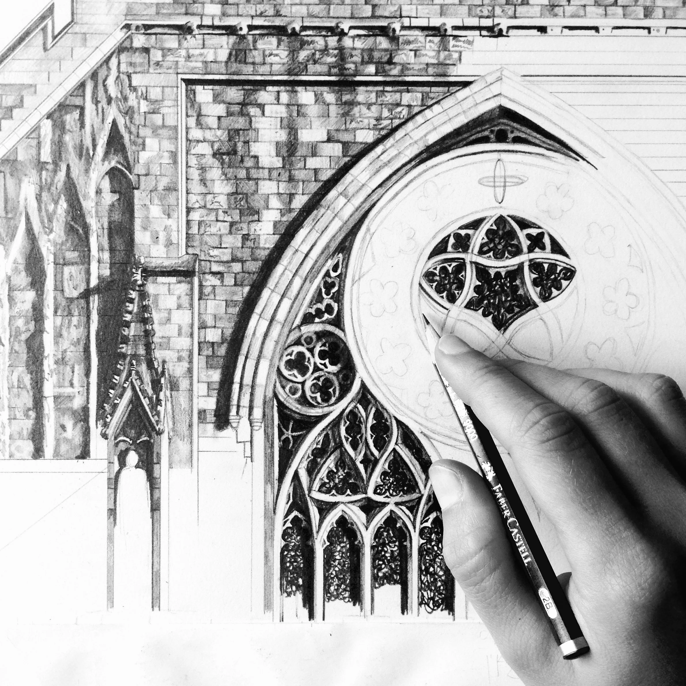 Exeter Cathedral drawing with artist hand