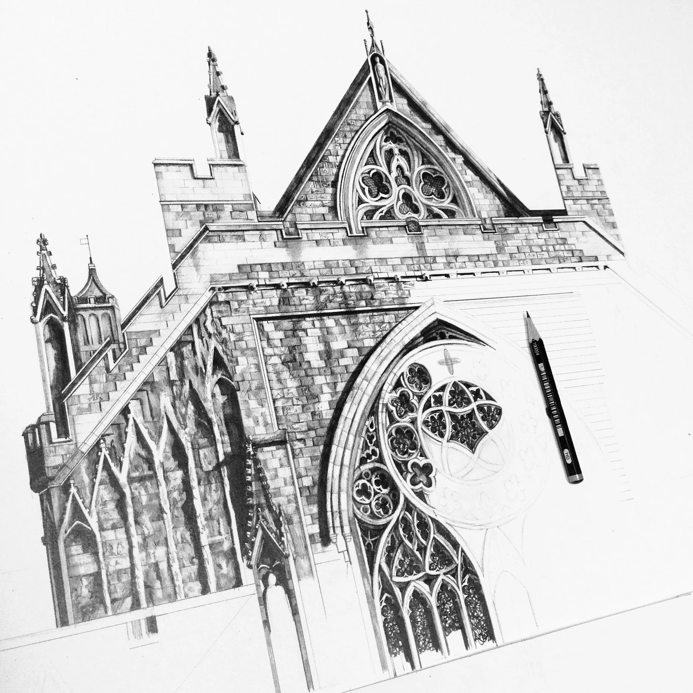 Exeter Cathedral architectural pencil drawing