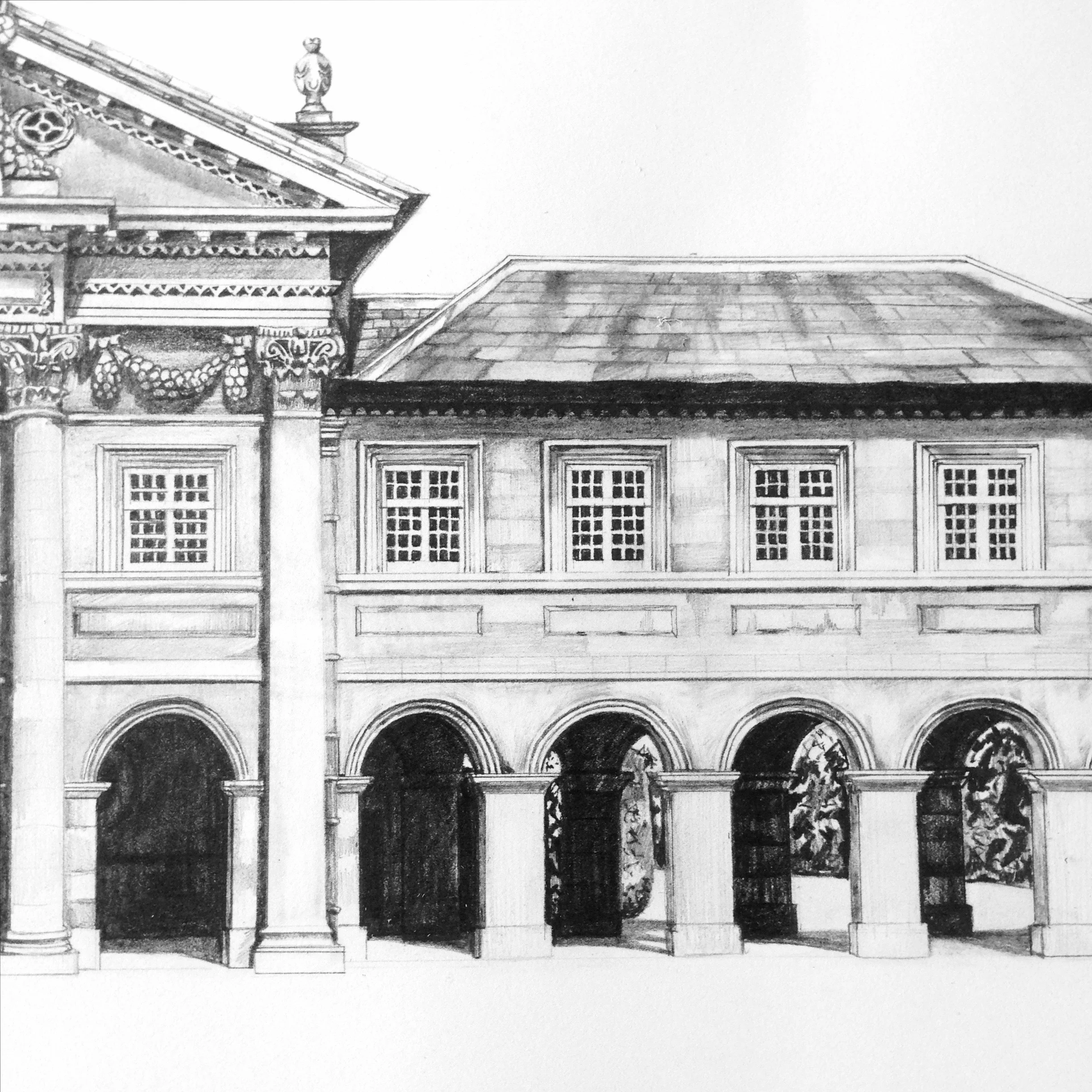 Emmanuel College Cambridge pencil drawing