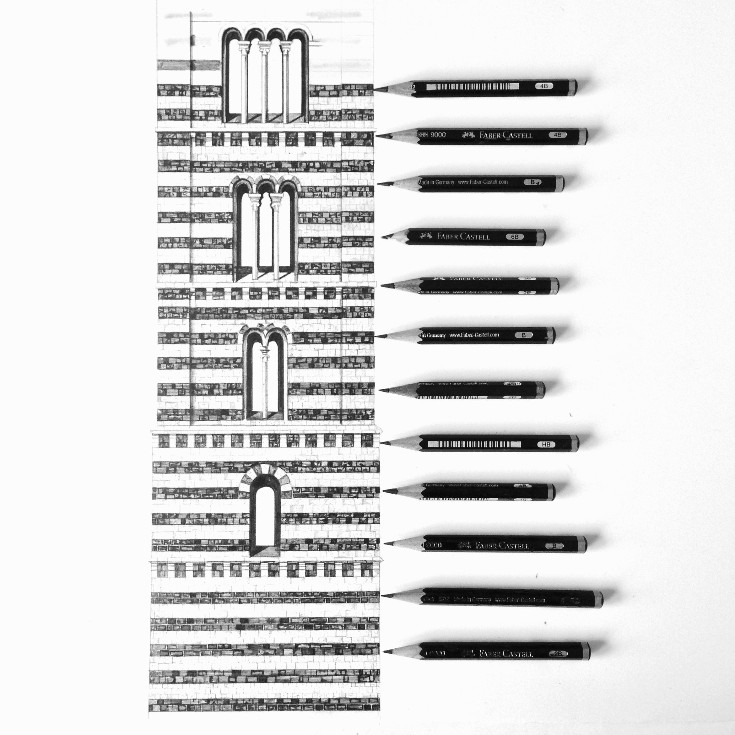 Siena Campanile Tuscany drawing with pencils