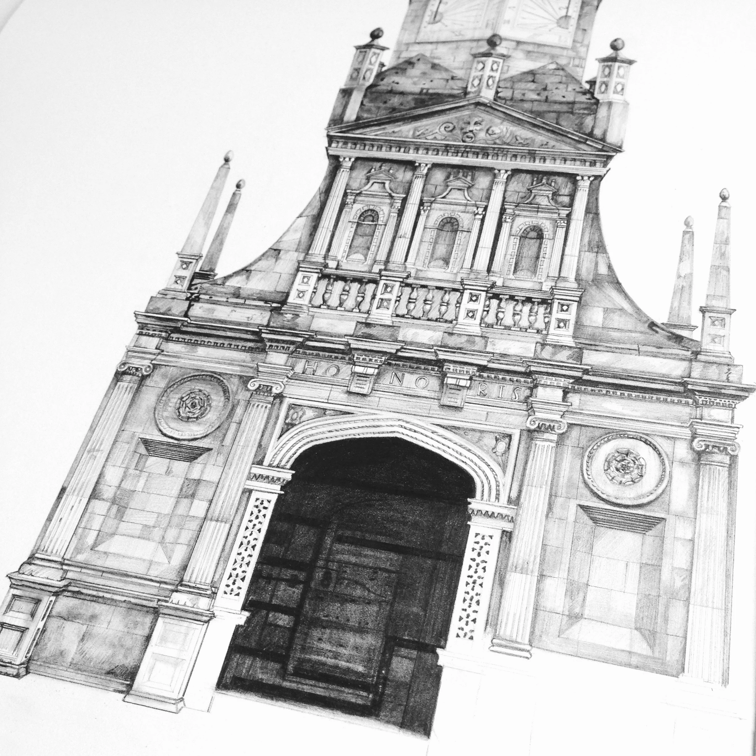 Gonville and Caius College Cambridge pencil drawing