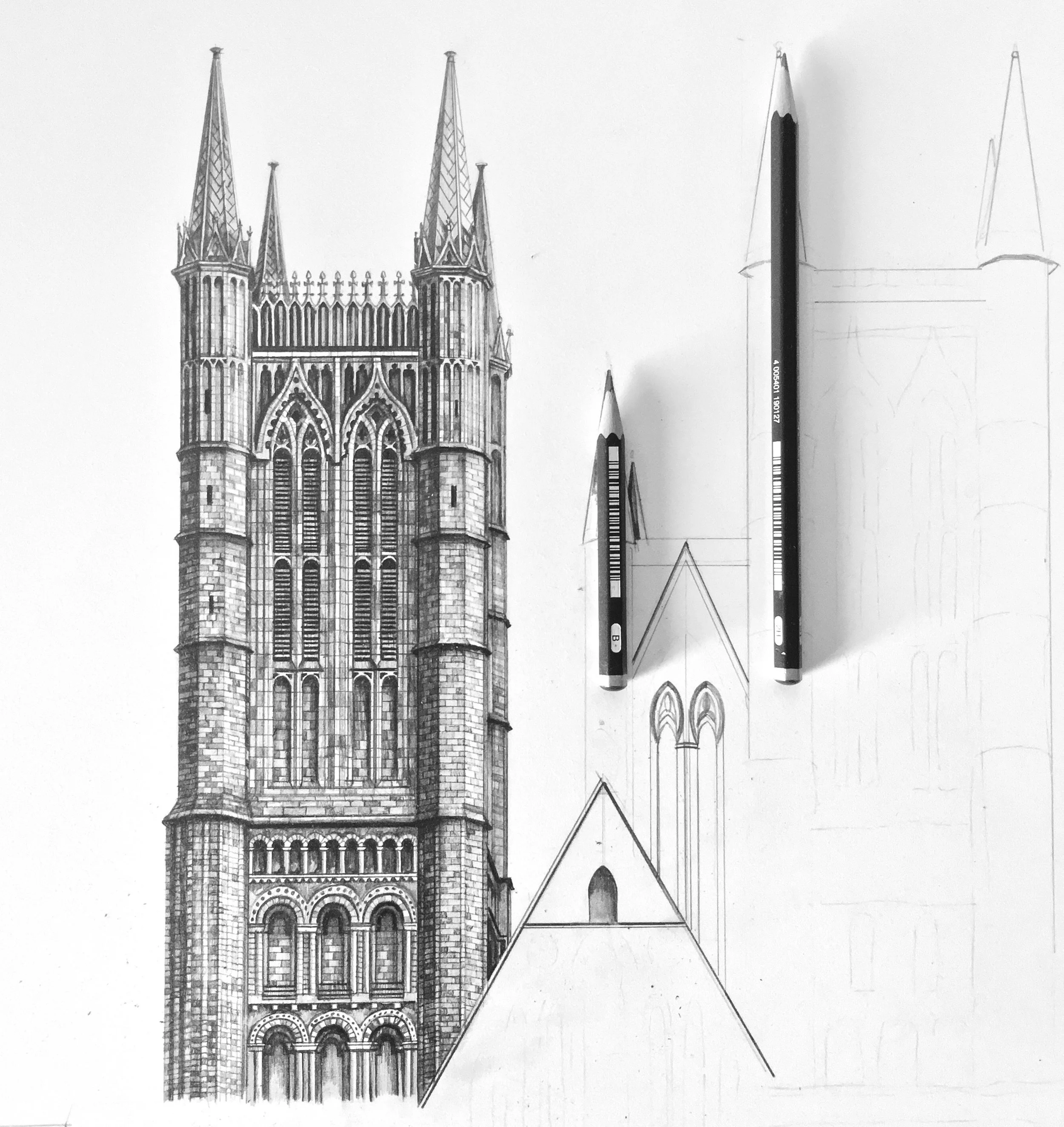 Lincoln Cathedral tower with pencils