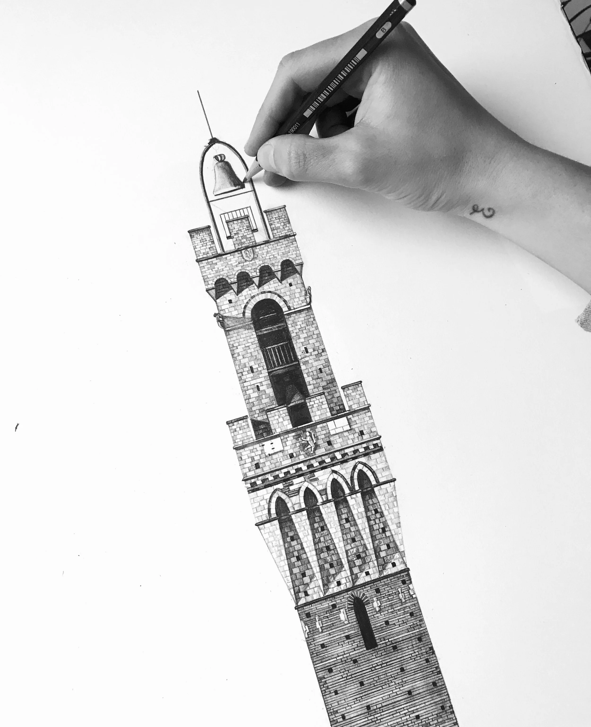 Torre del Mangia Siena drawing with artist hand