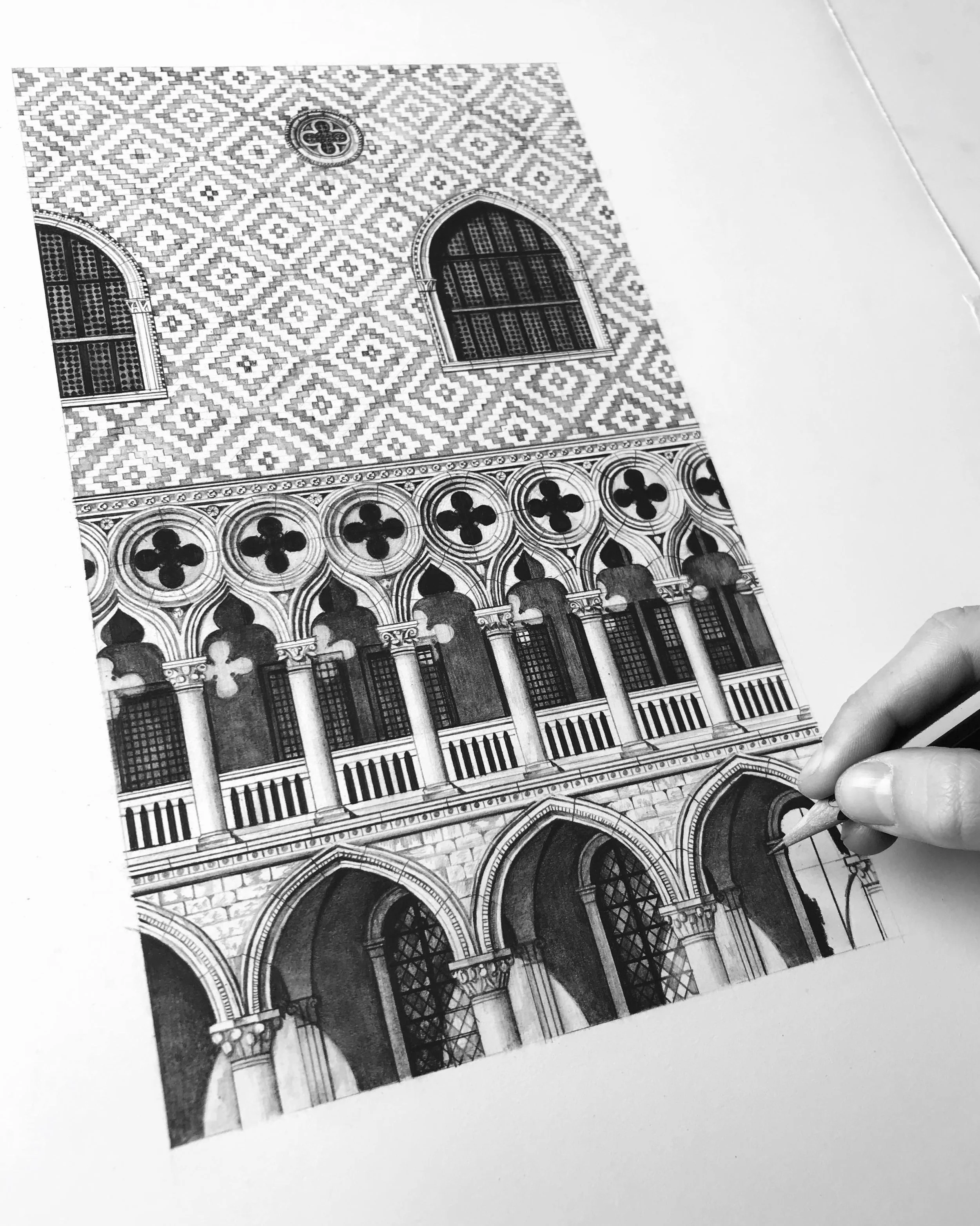 final touches to drawing of Doge's Palace Venice