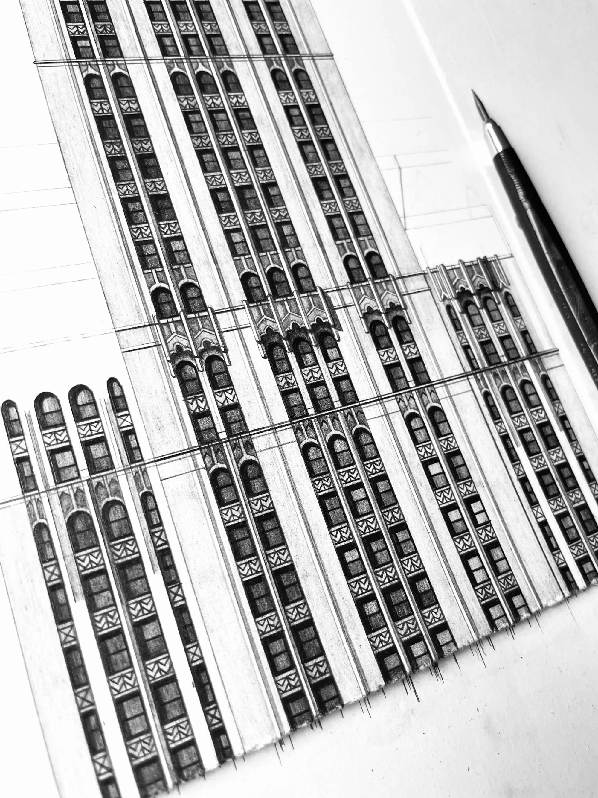 Woolworth Building drawing close up of detail