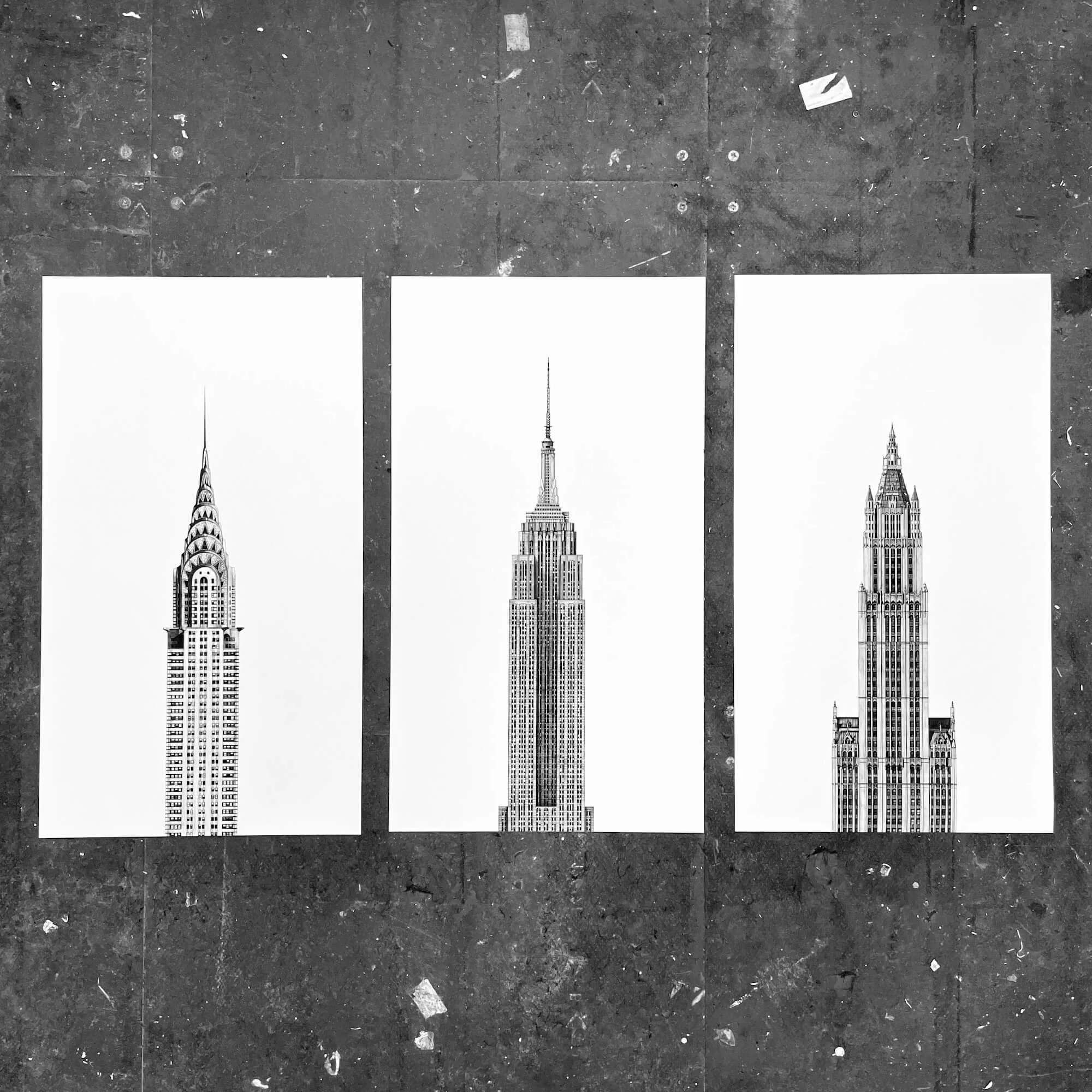 Triptych of New York Tower Drawing Prints