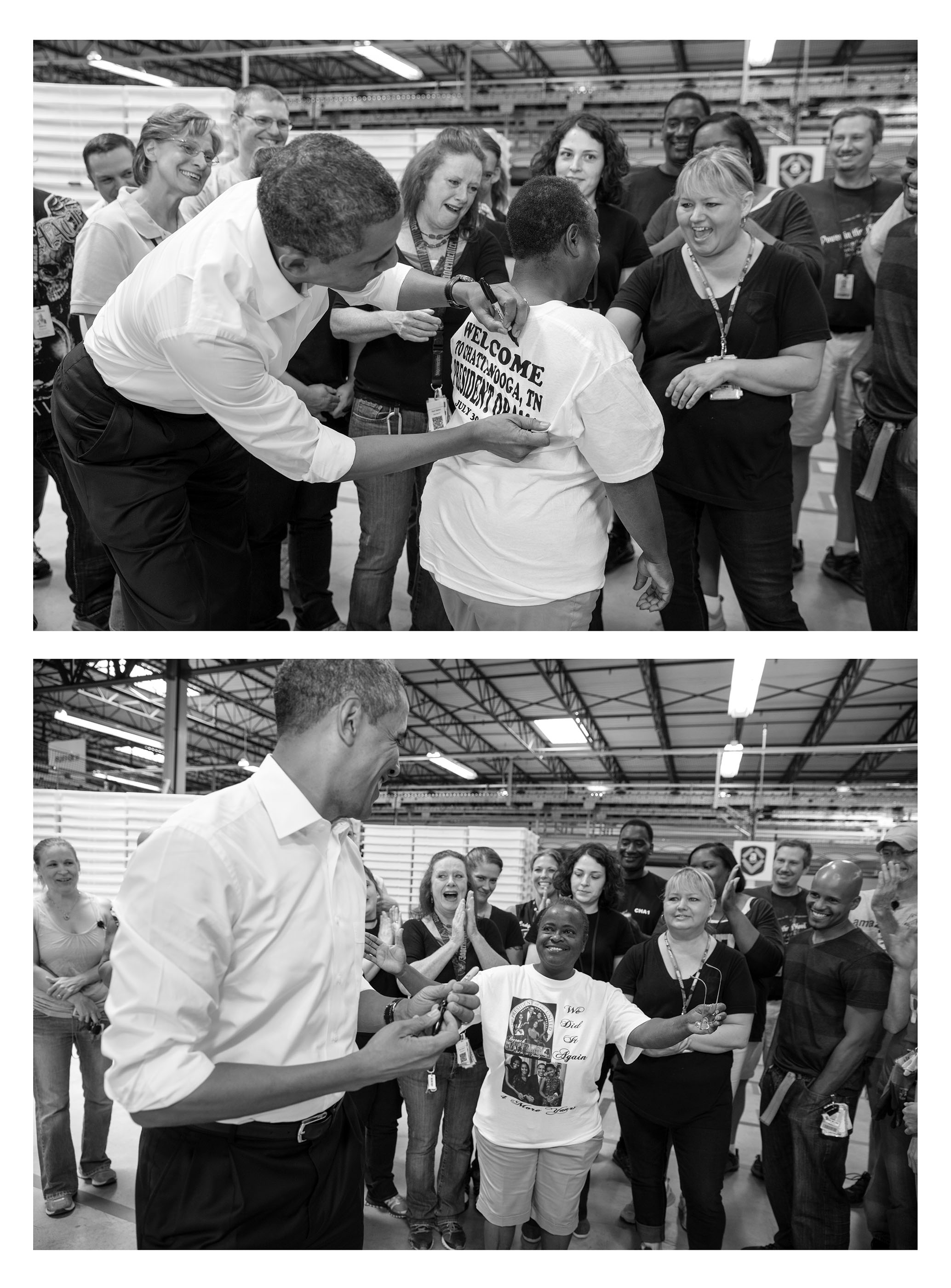 President Barack Obama signs a line worker's shirt after touring the Amazon fulfillment center in Chattanooga, Tenn., 2013.