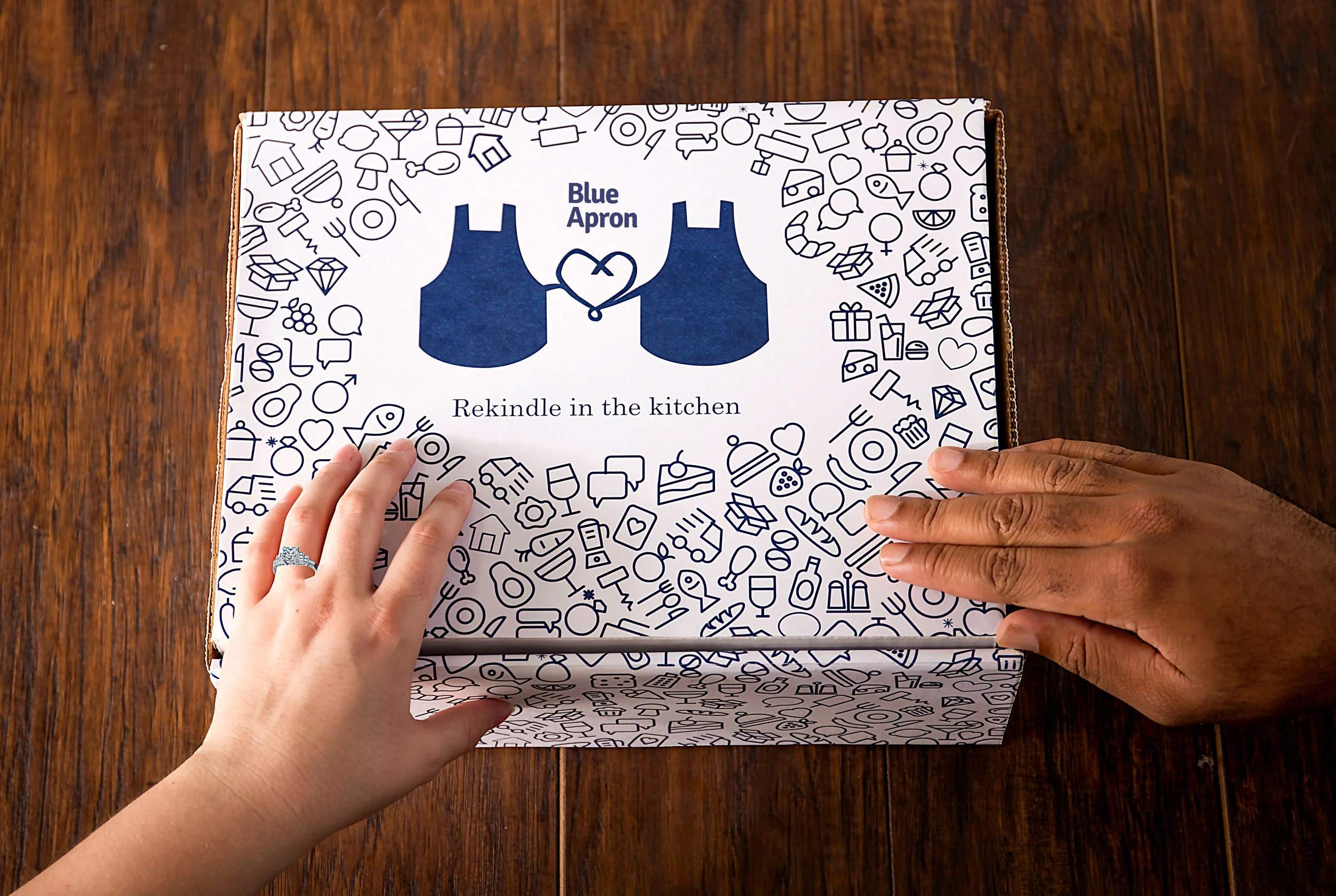 Each month Blue Apron sends out a Date Night meal that couples prepare and eat together.